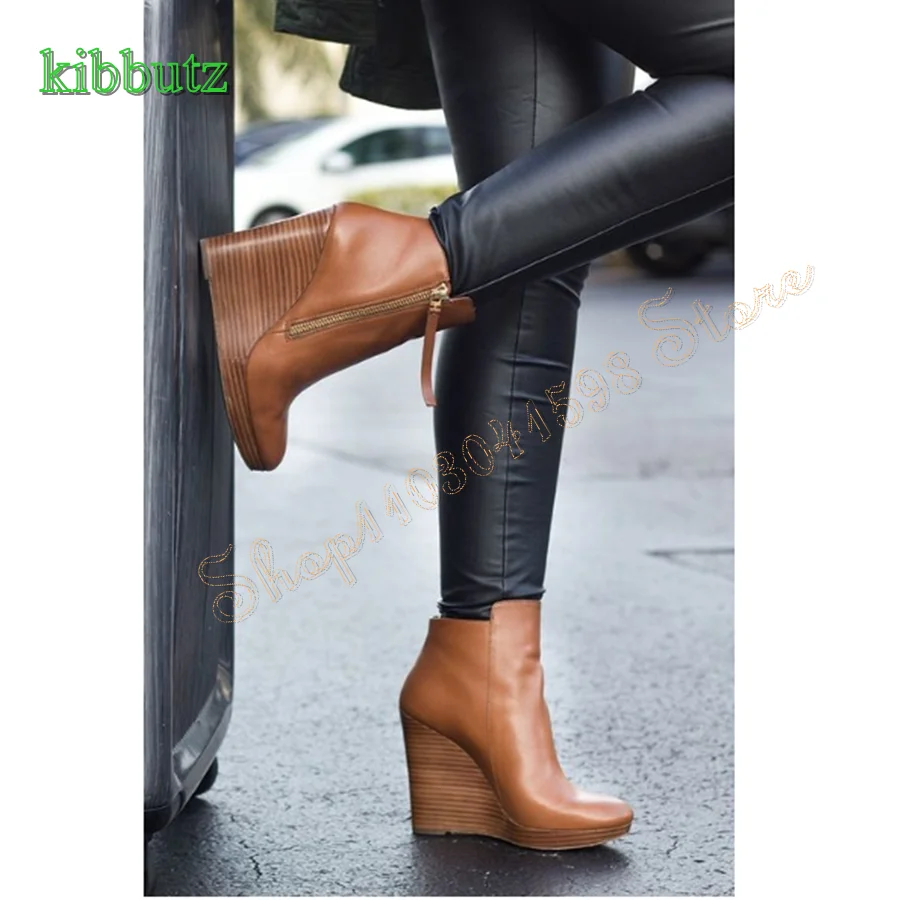 Round Toe Brown Leather Ankle Boots Striped Thick Heel Zipper Women Boots Party Heel Boots Plus Size2024 New Zapatos Para Mujere