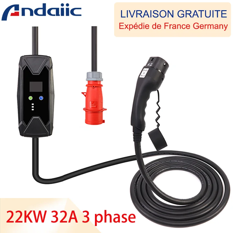 22KW 32A 3 Phase Mobile Type 2 Electric Car Charger EV Wallbox with Red CEE5 Pins Male Plug