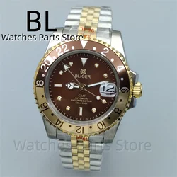 BLIGER 40mm Rootbeer GMT Men Watch Luxury Two Tone Gold Case Bracelet NH34 Automatic Movement Brown Dial Luminous Sapphire Glass