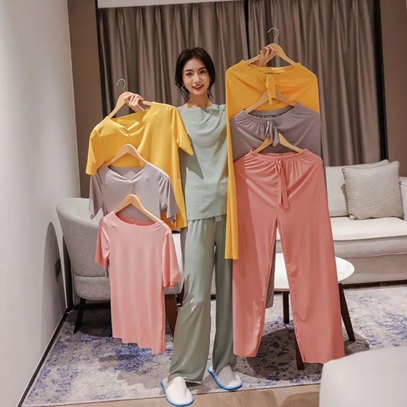 Summer Thin Solid-Coloured Homewear Two-Piece Short-Sleeved Elastic Waist Trousers Lazy Pajamas T-Shirt Casual Trousers Can Be W