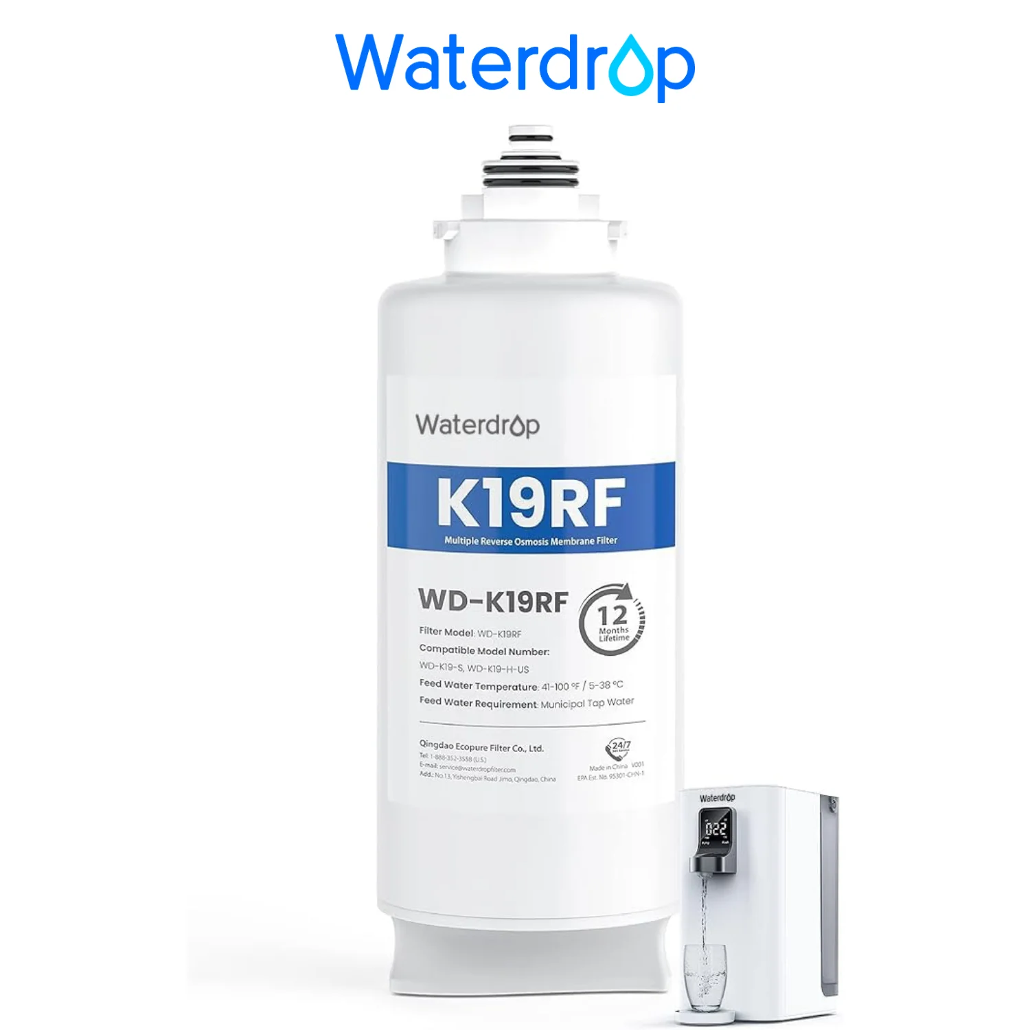 Waterdrop K19RF Filter, Replacement for K19-S and K19-H Countertop Reverse Osmosis System, 12-Month Lifetime