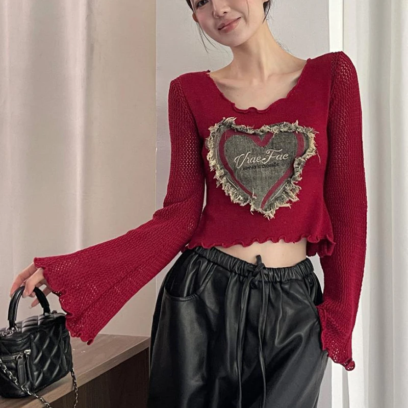 

Red Flare Sleeve Applique Spring and Autumn Ruffles Hollow Thin Knitted Pullover Top Black White Women's Knitwear Short Sweater