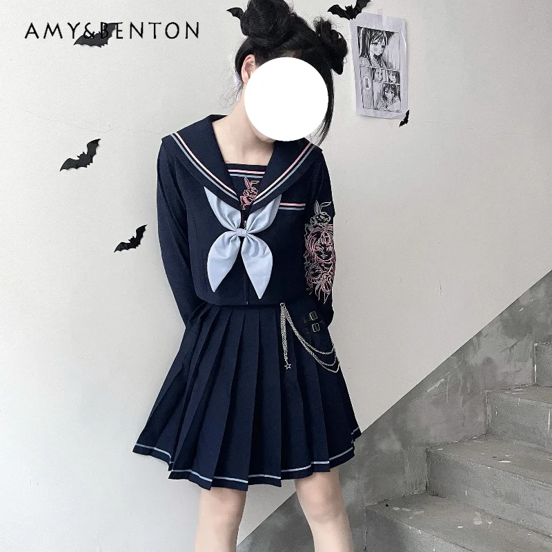 2024 New Japanese Style JK Uniform Original Sailor Collar Big Bow Dark Blue Color Tattoo Long Short Sleeves Top Skirt Suit Girls