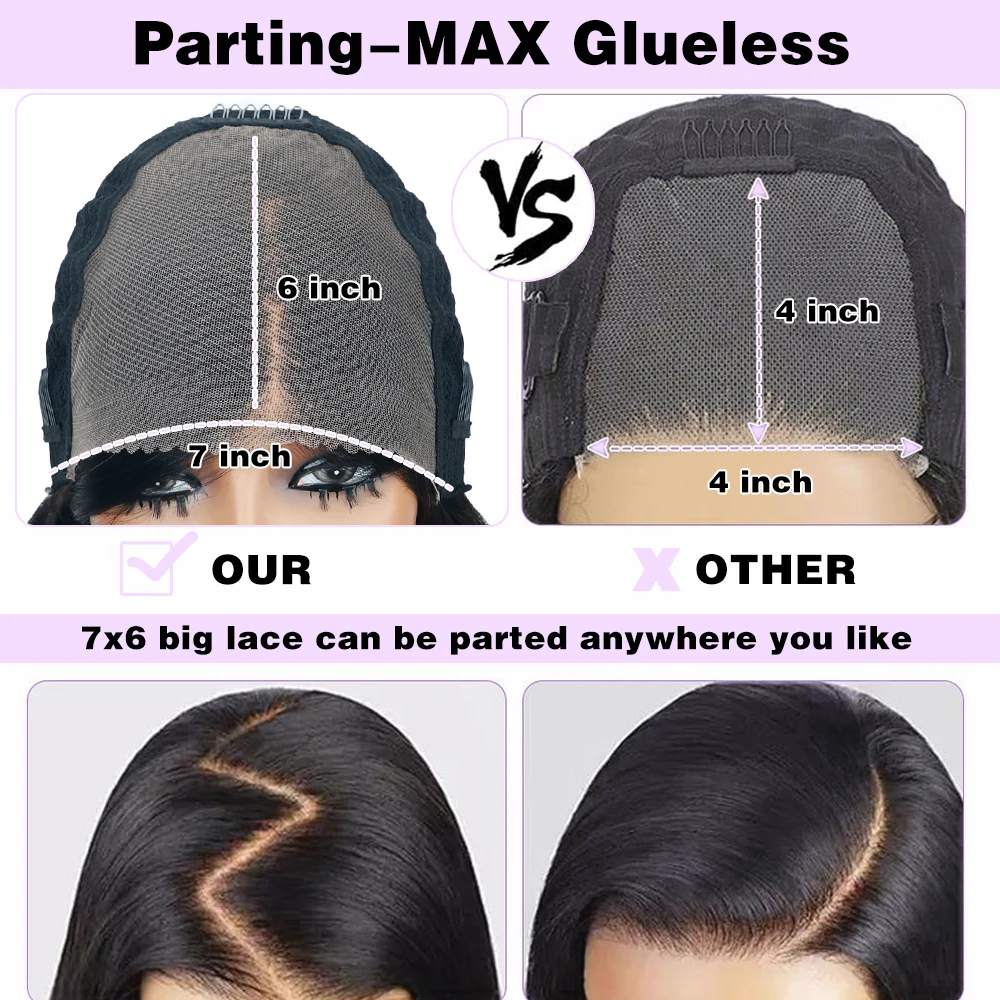 Parrucche anteriori in pizzo dritto grande 7x6 Capelli umani senza colla Chiusura anteriore in pizzo HD Parrucche pronte da indossare Densità 220% Glueless Nero naturale