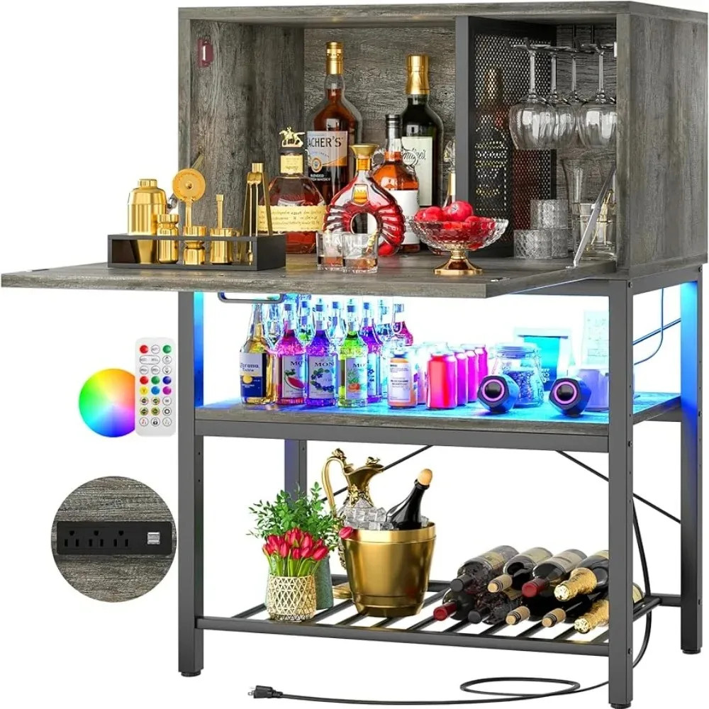 Flippable Bar Cabinet with LED & Power Outlets, 4-Tier Home Bar with Flippable Door, Tall Liquor Cabinet with Glass Holde