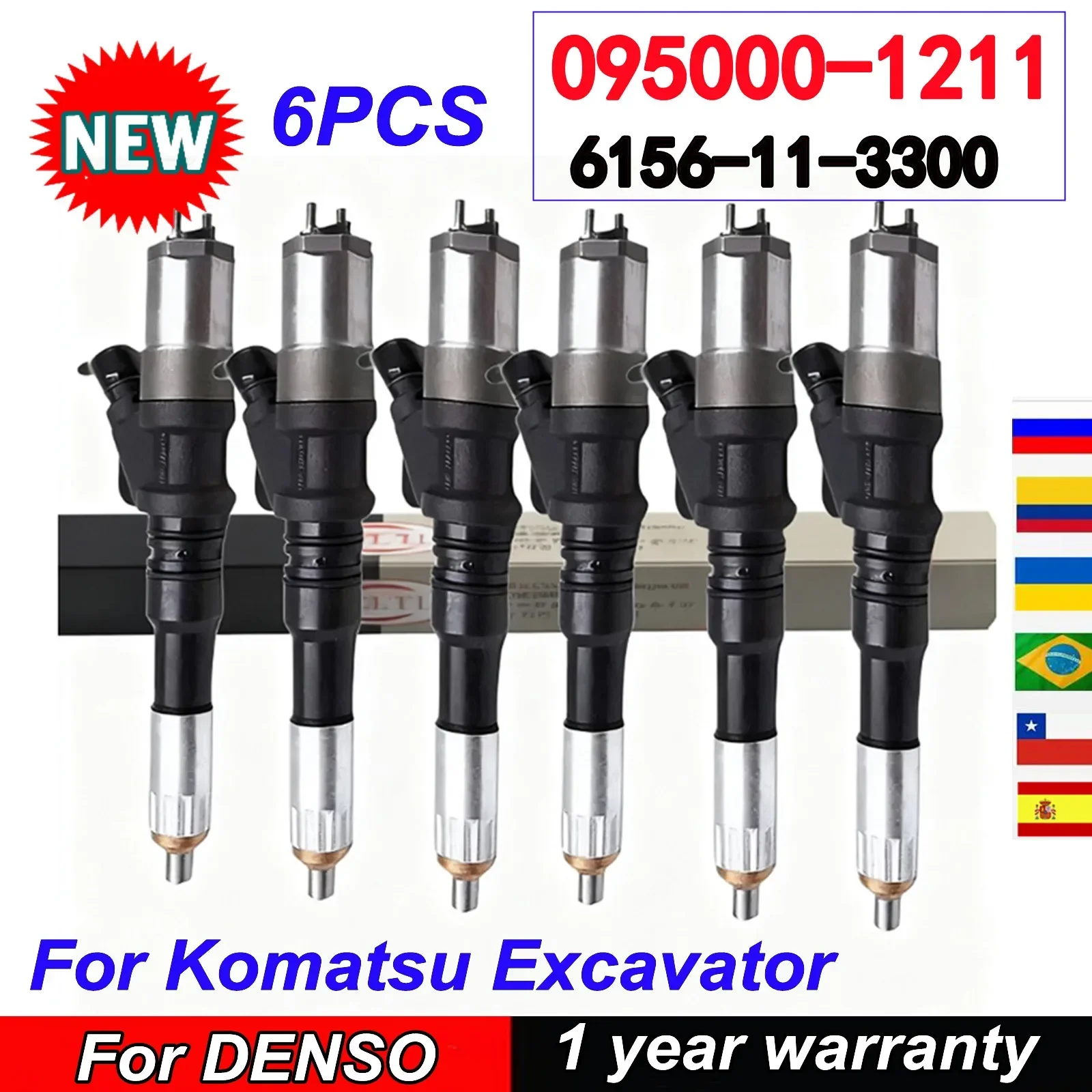 

6 PCS 095000-1211 Genuine Diessel Fuel Injector 6156113300 6156-11-3300 For Komatsu Excavator 095000-1210 0950001210 0950001211