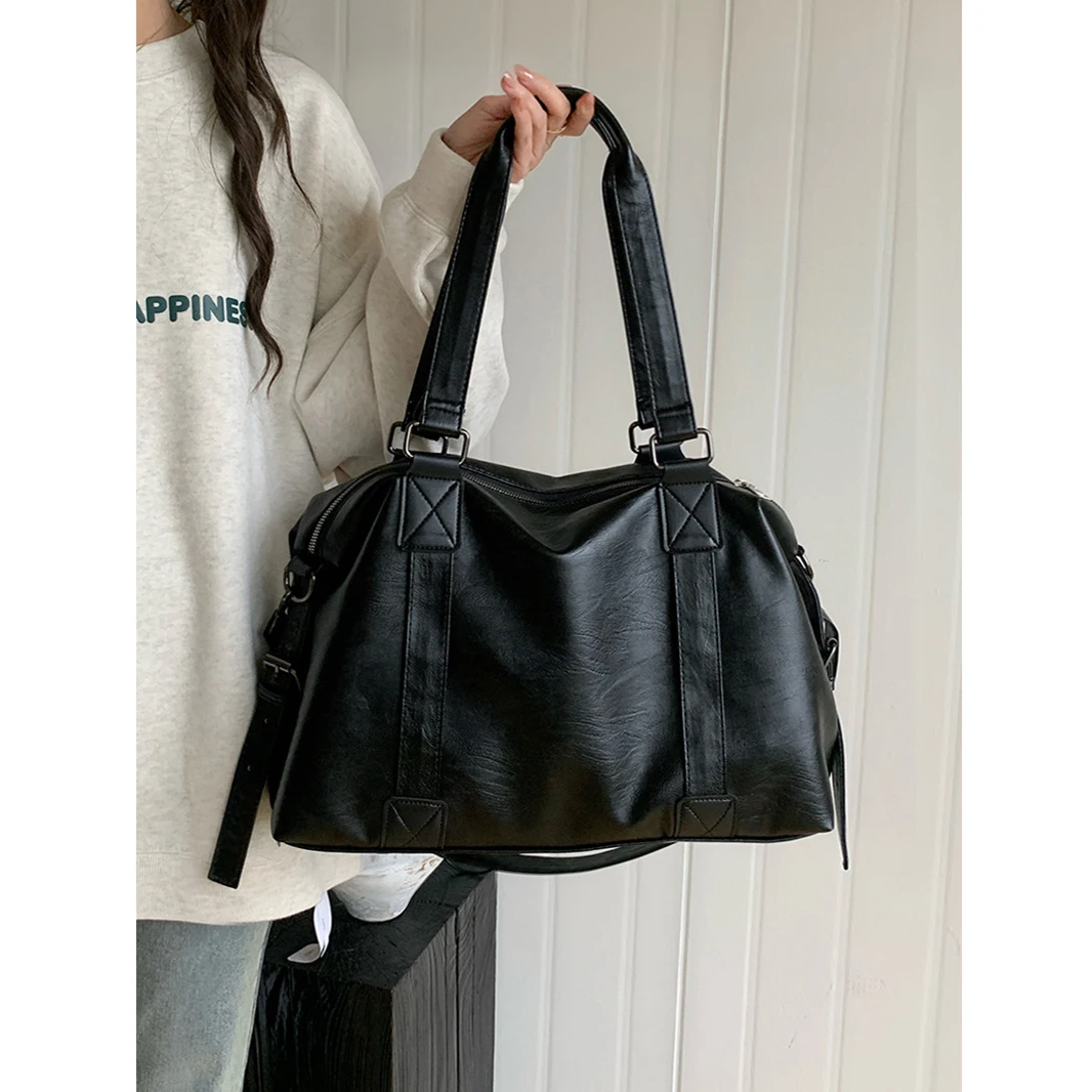 Bolsos de hombro negros de gran capacidad para mujer, bolso de compras grande, bolso cruzado de cuero suave de Color sólido, bolso de mano de viaje