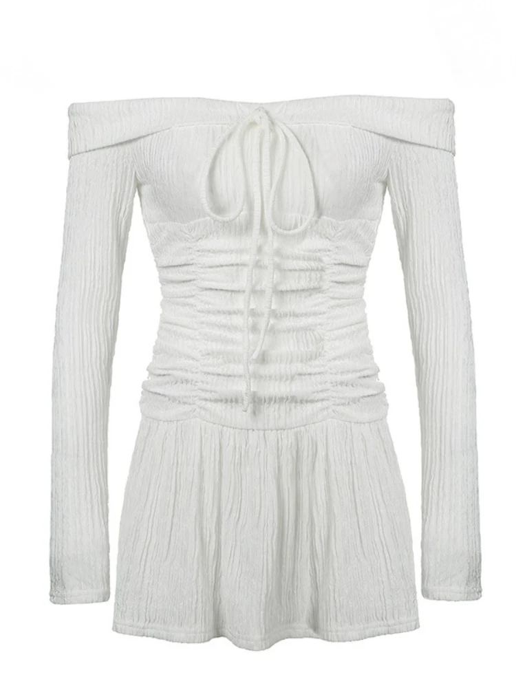 Pure Desire French Style Dress Bow One-Shoulder A-Line Long Sleeve Slimming Hot Smocked Waist Mini Slimming Elegant Dress