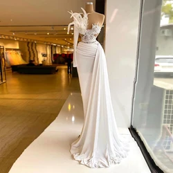 Luxury Elegant Mermaid Prom Dresses One Shoulder Long Sleeve Feathers Appliques Beading Women Evening Pageant Gowns Custom Made