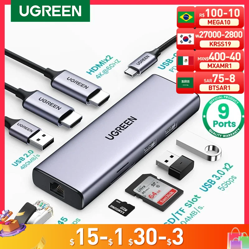 UGREEN USB C HUB 4K 60Hz USB C to 2xHDMI 2.0 RJ45 USB 3.0 PD Adapter for Macbook iPad Pro Air M1 PC Accessories USB C Splitter