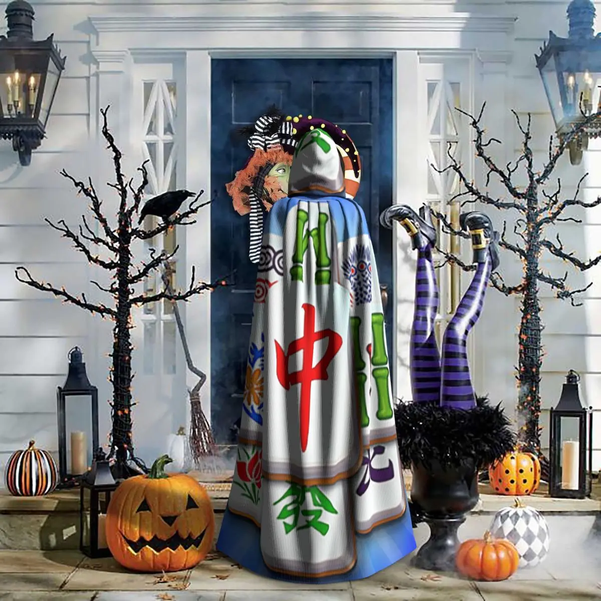 Mahjong Piastrella Modello Mantello lungo con cappuccio Strega Costume medievale Mantello cosplay Cappotto di Halloween Adulto unisex