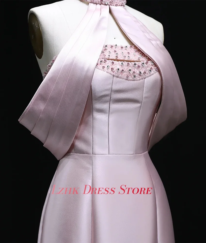 Vestido de noche de cristal con hombros descubiertos, sirena de satén elegante personalizado, manga corta de alta calidad, cuello Halter