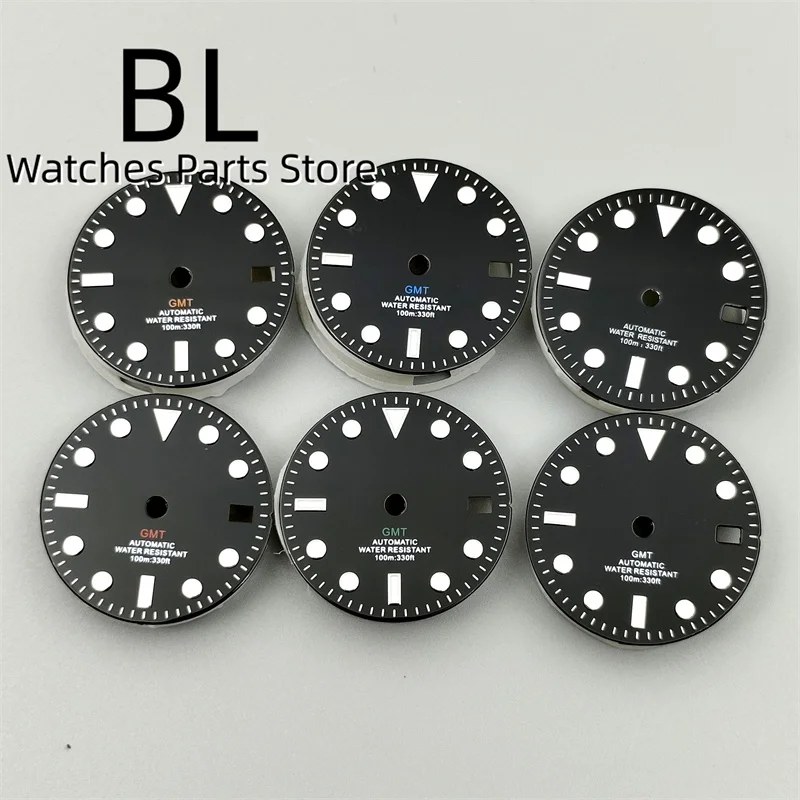 BLIGER Black Glossy GMT Watch Dial and Hand Set 29mm With RED Blue Red Orange Green GMT Text  C3 Green Luminous Fit NH34 Movemen