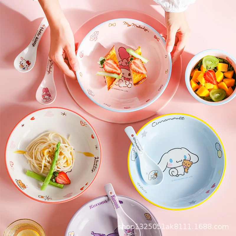 Kawaii Sanrioed Kuromi My Melody Hellokitty Cinnamoroll Ceramic Plates Children's Snacks Fruit Plates Cute Cartoon Tableware