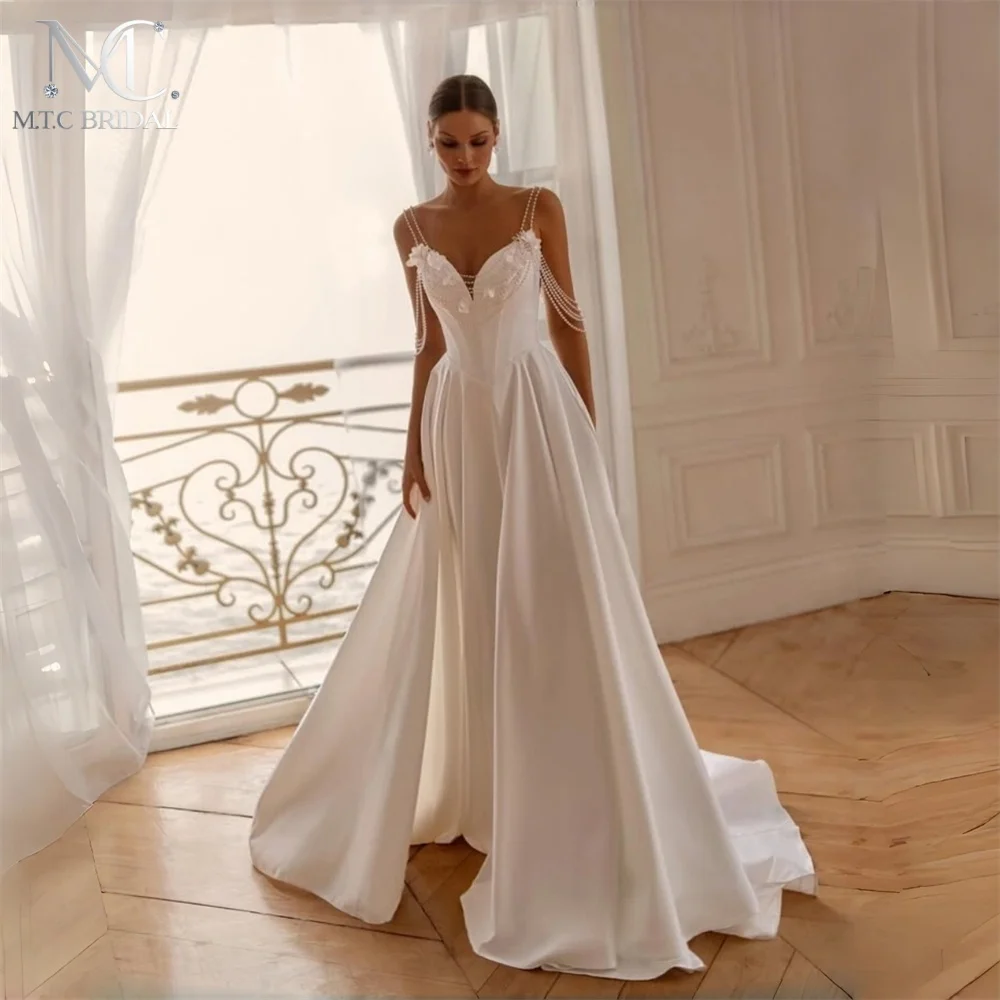 Luxury Satin A-Line Wedding Dress 2026 Sweetheart Neck with Pearl Chain Strap & 3D Flowers Corset Back Bridal Gown Custom Made