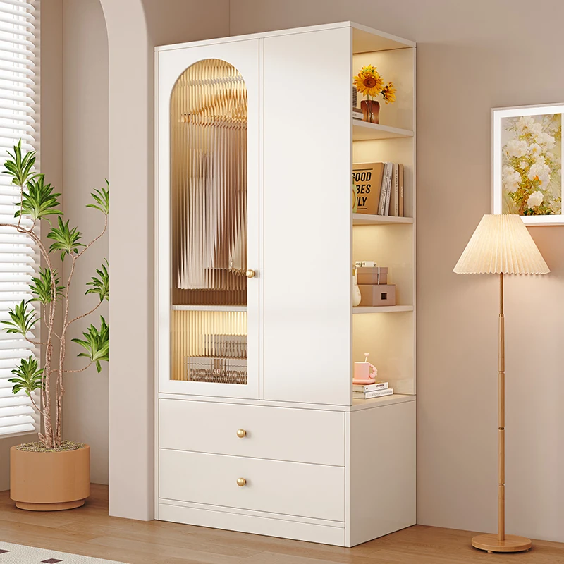 

Solid Wood Cream Wind Bedroom Household Wardrobe Bedside Storage Glass Door With Lamp Modern Closet Cabinet With Drawers White