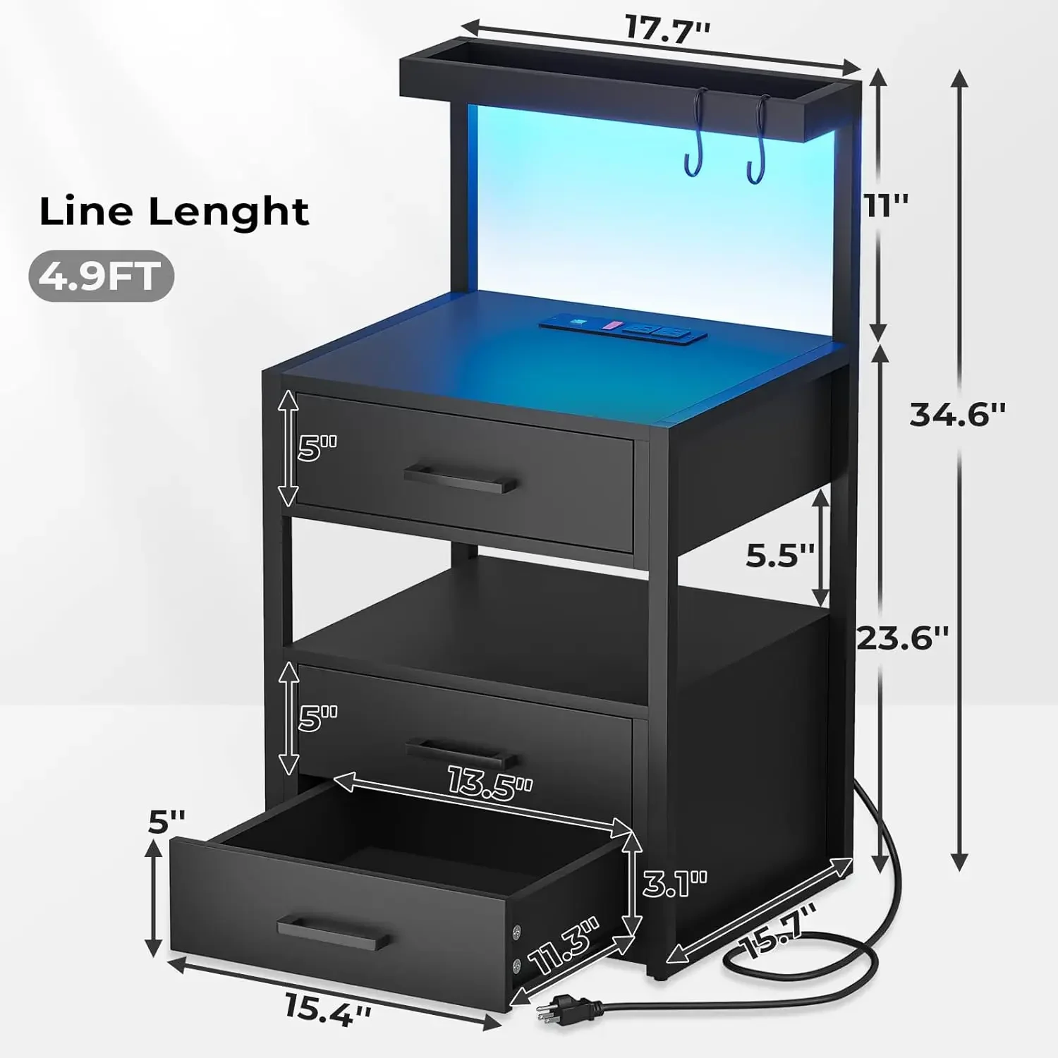 Zestaw 1/2 szafek nocnych z stacja ładowania i lampkami LED, stolik nocny z 3 szufladami i otwartymi regały magazynowe, 2 porty USB