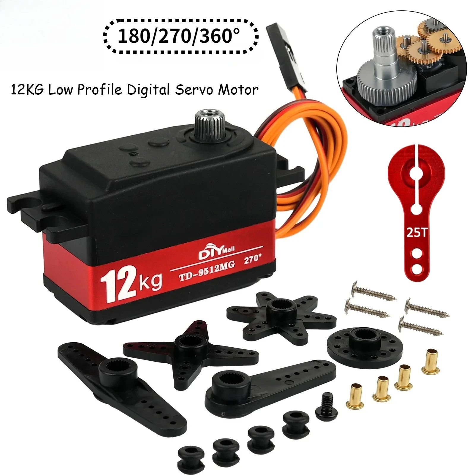12KG Low Profile Digital Servo TD-9512MG Semi-metal 4.8v-7.4v Steering Gear 180/270/360° for RC Cars 1:8 1:10 Drift Flat Runner