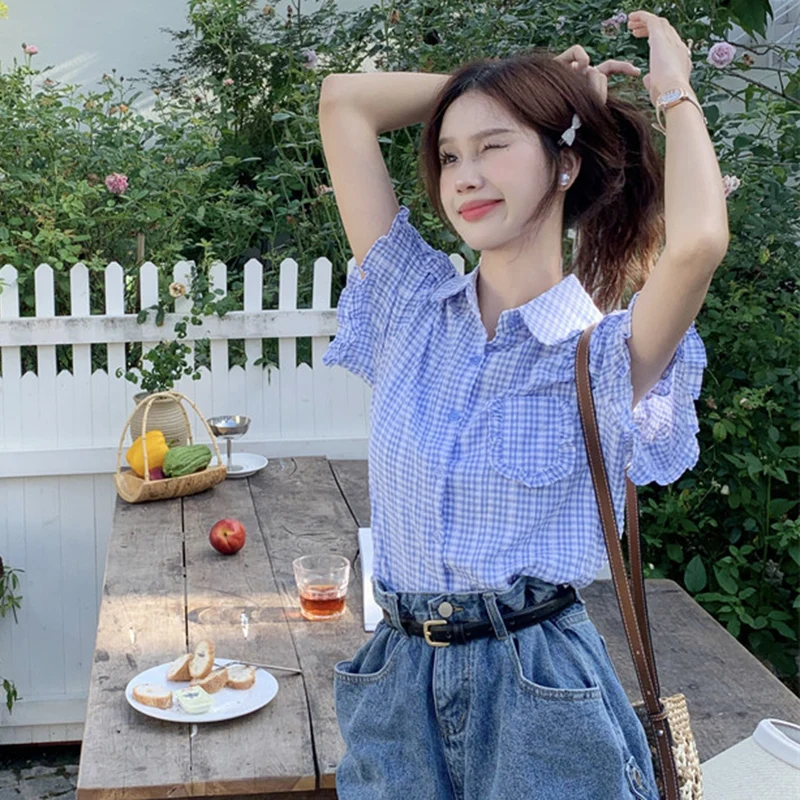 Korean Ruffles Short Sleeve Plaid Shirt Women Preppy Style Sweet Turn Down Collar Blouse Woman Summer Pocket Button Up Shirts 3