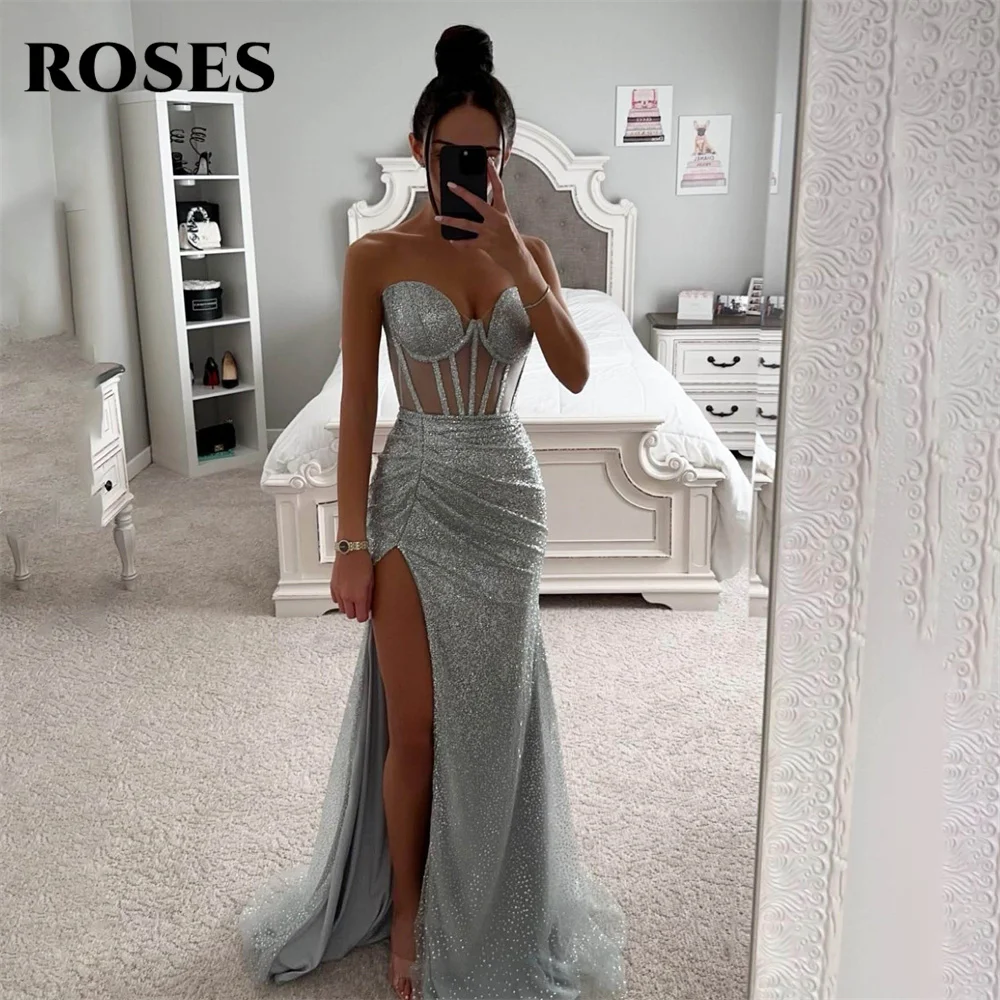 Rozen Silve Liefje Glanzende Prom Dress Side Split Party Jurken Mouwloze Celebrity Jurken Pailletten Feestjurk Вечерние Платья