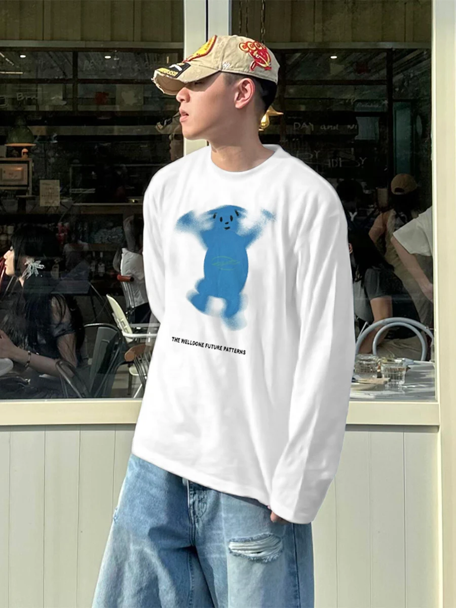 

Американская хлопковая футболка с длинным рукавом для мужчин, осенне-зимняя базовая футболка, парные дышащие удобные футболки с принтом