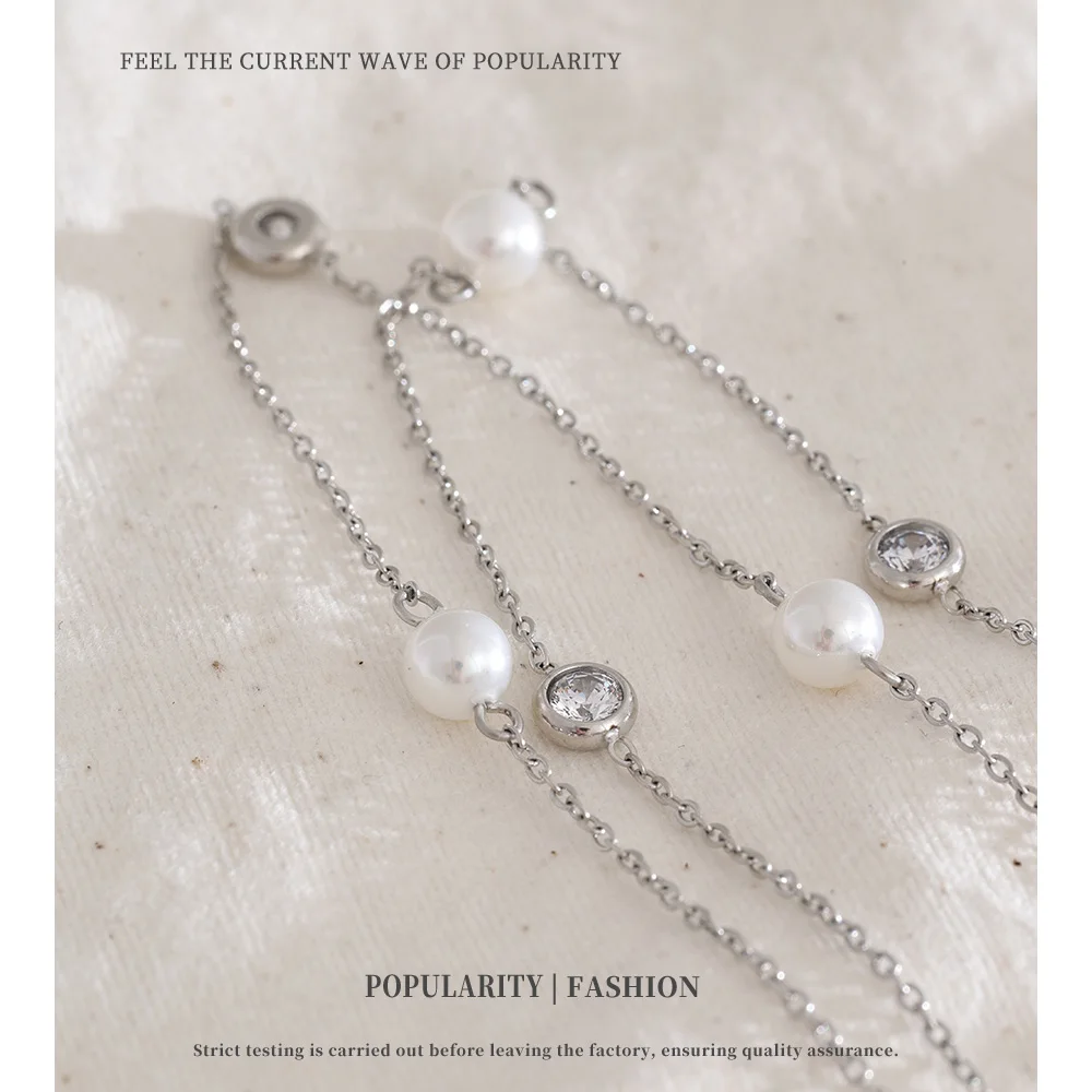 NiNice Stainless Steel Stacked Necklace Double-layer Imitation Pearl Zirconia Pendant Waterproof Stylish Design Jewelry Gift