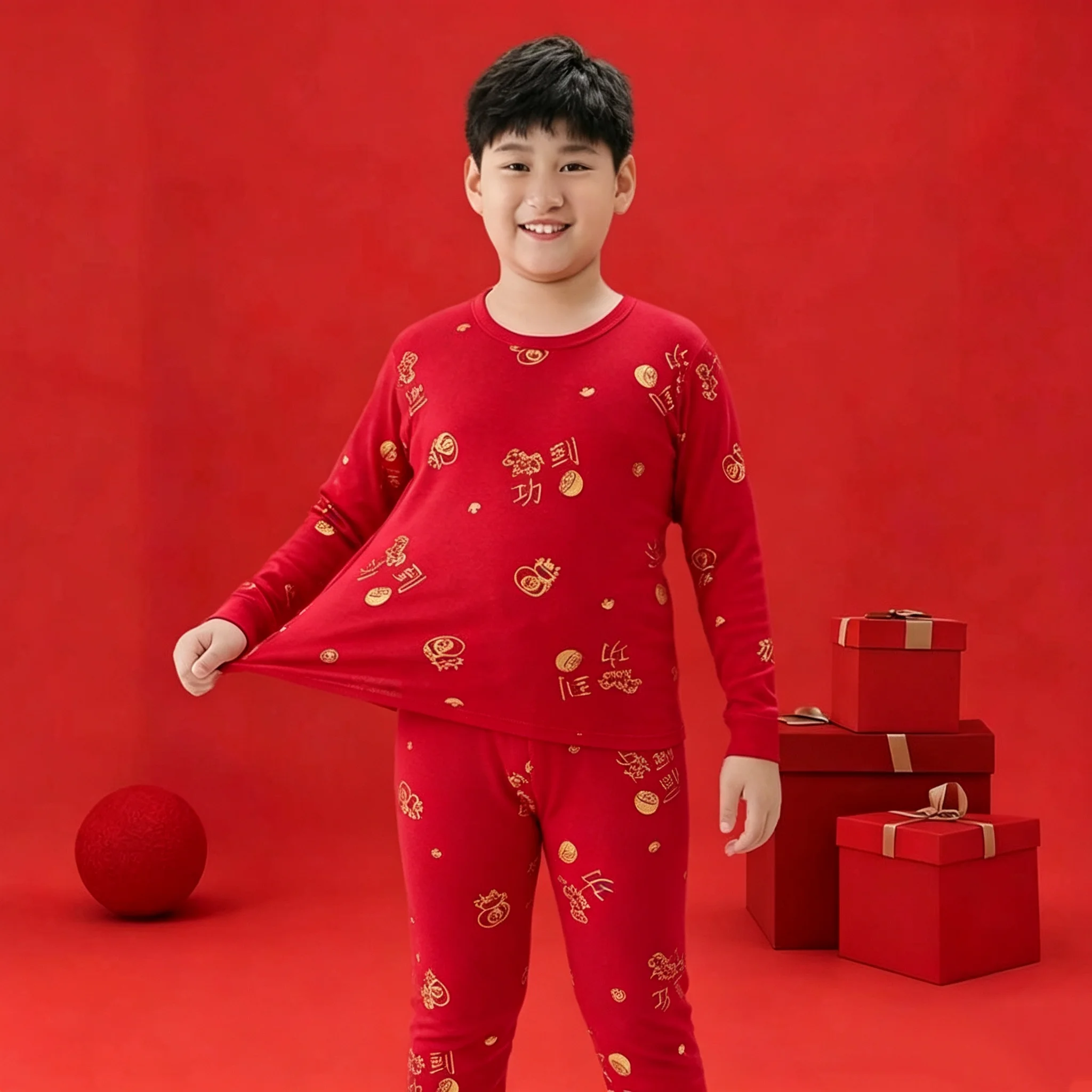 Children's Spring /Autumn/Winter Cotton Warm Suit Long Johns Long Sleeves Long Pants Solid Color Red Boy and Girl Student Gift