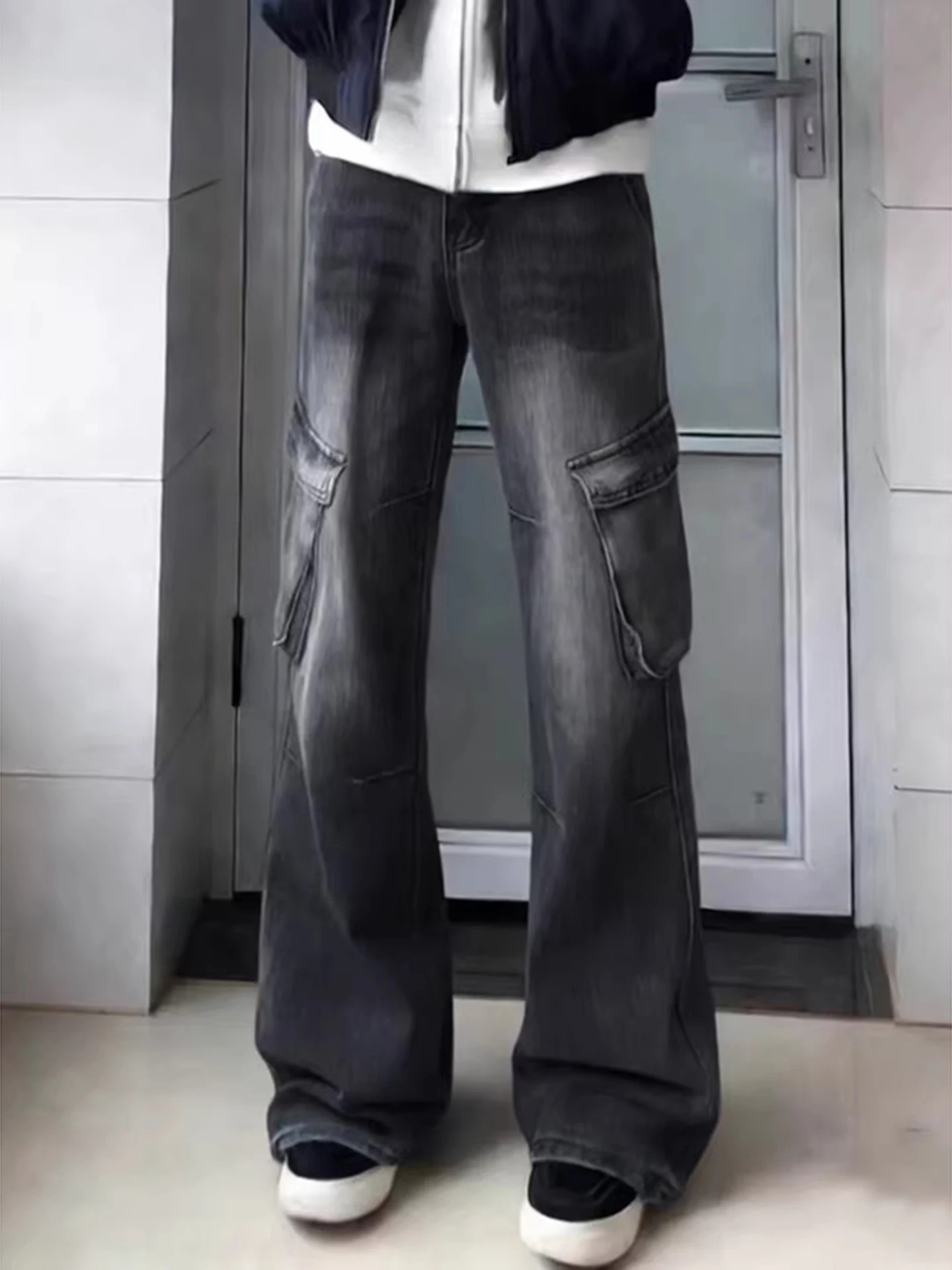 Black Bamboo Node Workwear Jeans Men's Spring Autumn American High Street Multi Pocket Pants High Waist Loose Fit Jeans
