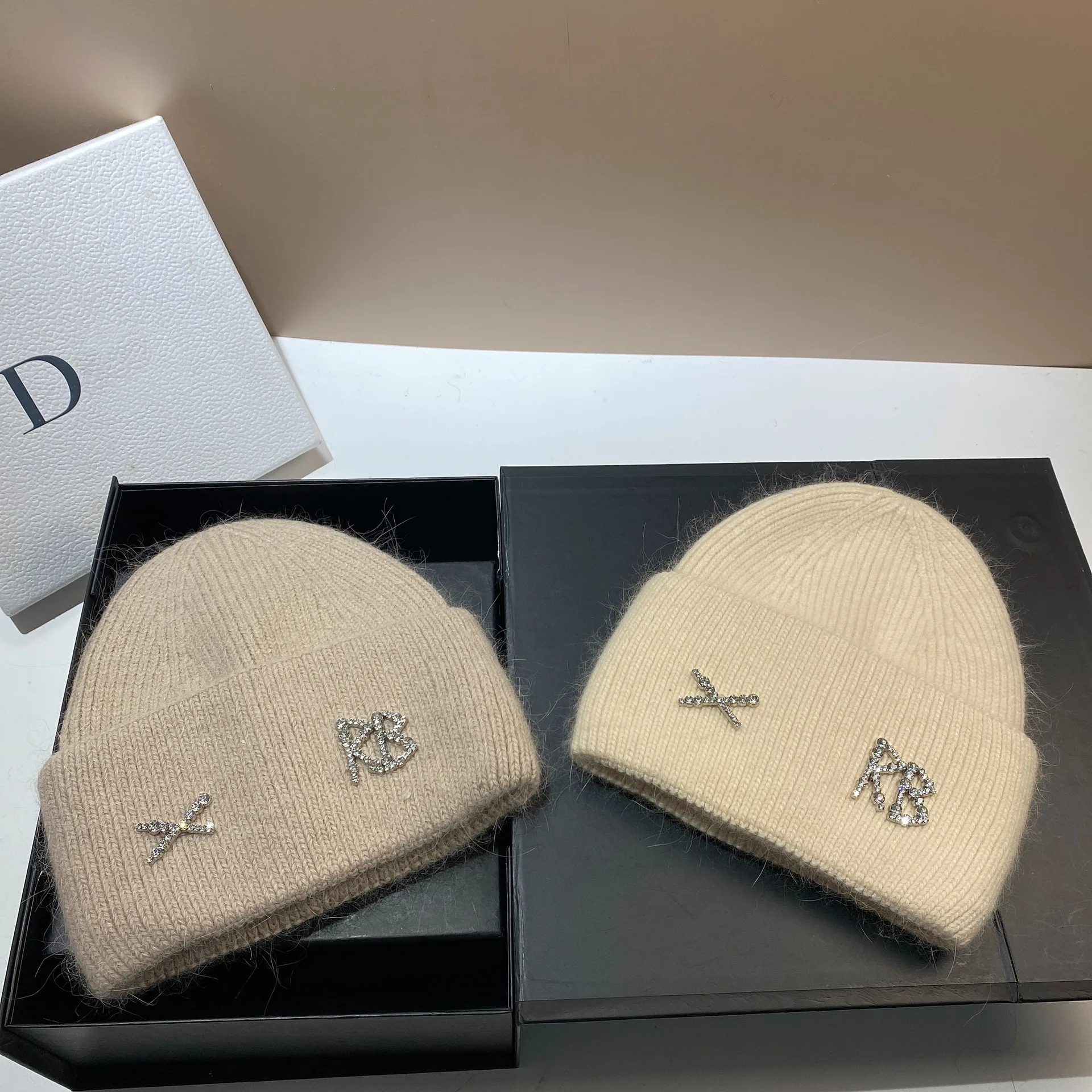 1PC New RB Letters Rabbit Hair Knitted Hat With Winter Windproof Ear Protection Hat Outdoor Thicken Warm Hat