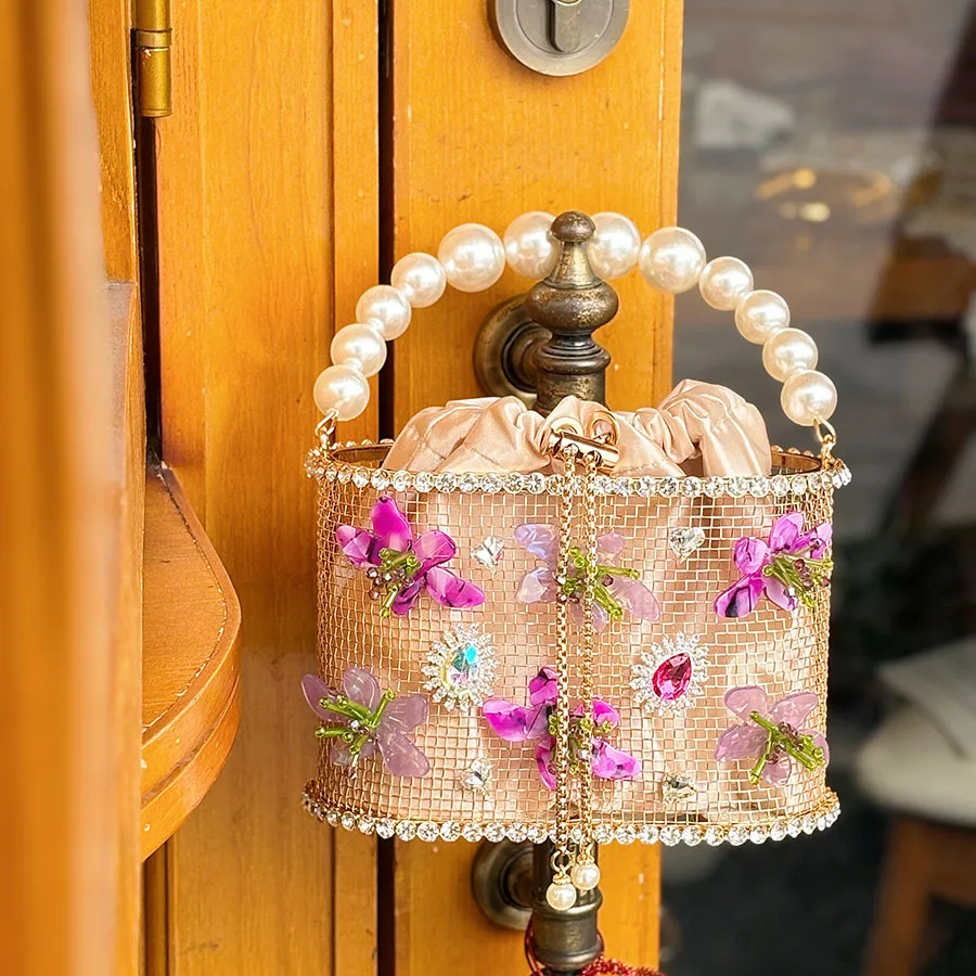 

French Retro Metal Basket Banquet Bag Fashion Elegant Luxurious Design Rhinestone Appliques Hollow Out Evening Clutch Bags