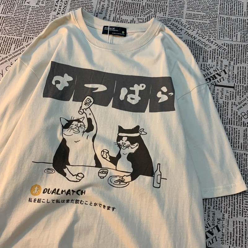 Original Japanese Retro Cat Print Pure Cotton Short Sleeved T-shirt For women's men's Trendy Street Loose Couple t-shirt