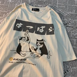 Oryginalna japońskie Retro nadruk kota T-shirt z krótkim rękawem z czystej bawełny dla kobiet modna uliczna luźna para t-shirt dla kobiet