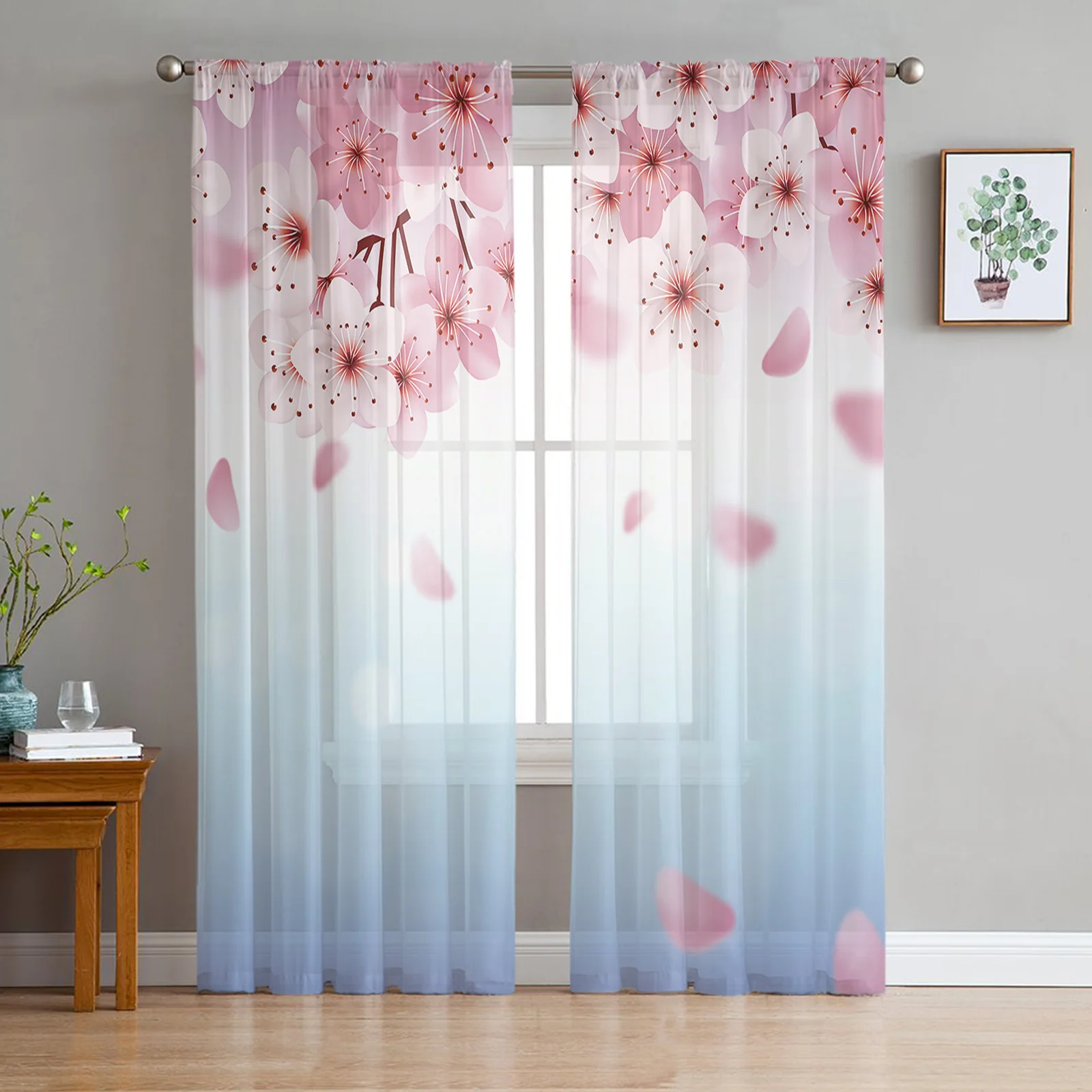 Spring Cherry Blossom Flowers Gradient Sheer Curtains for Living Room Decoration Window Curtains Kitchen Tulle Voile Curtains