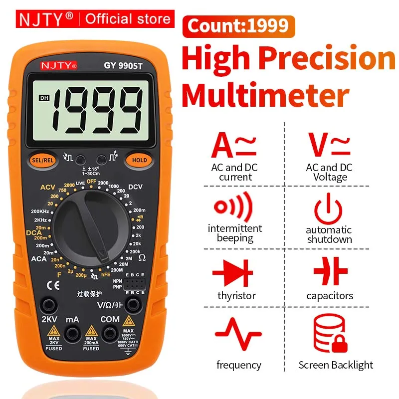 NJTY High Voltage Digital Multimeter 2000V AC/DC Professional Voltmeter Ammeter Capacitance Temperature Ohm Multi Meter Tester