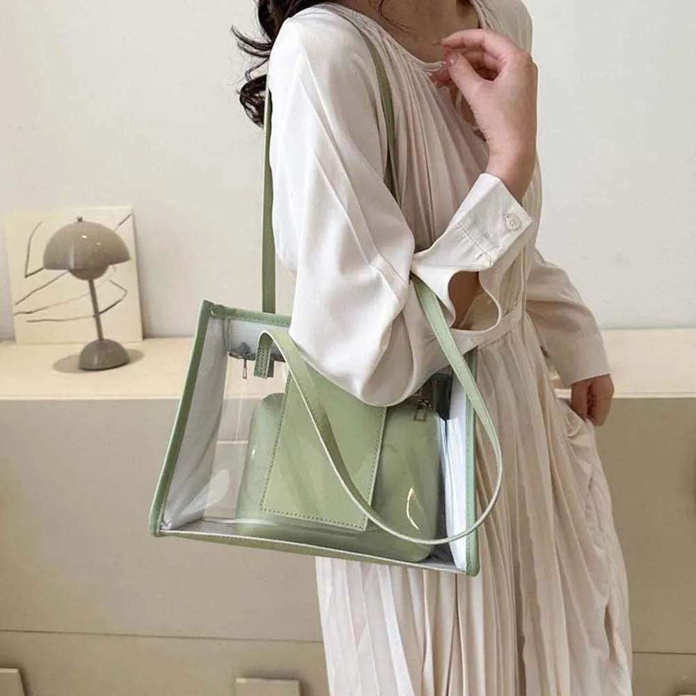 

2pcs/set Elegant Transparent Jelly Bag Large Capacity Candy Color Clear PVC Shoulder Bag PU Leather Waterproof Handbag Women