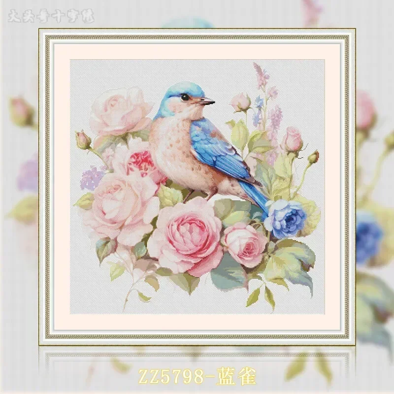 [ZZ5798-Blue Sparrow] Stamped Cross Stitch Kit 14CT 16CT Pre Printed Canvas Cotton Threads Embroidery Needlework Home Wall Decor