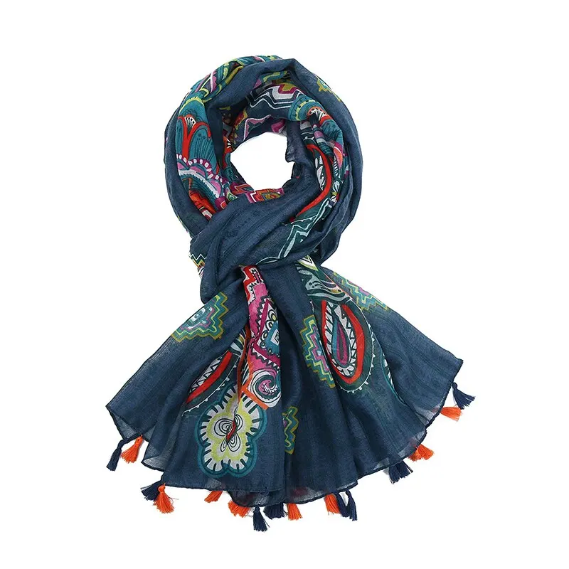 Fashion Printed Geometric Cotton Viscose Tassel Scarf For Woman Muslim Hijab Summer Elegant Shawl Ladies Heabdand 180*90cm