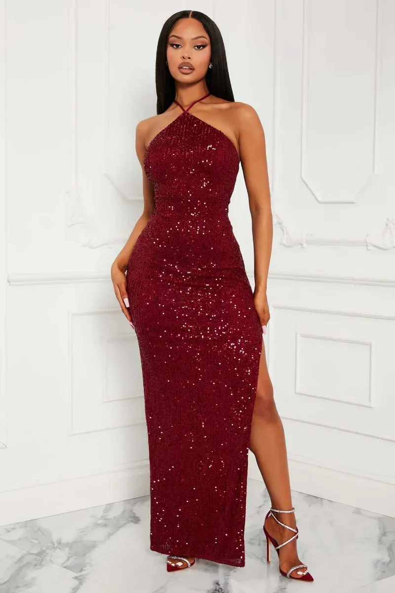 

KEXU Halter Shinny Sequined High Side Slit Sleeveless Bodycon Maxi Long Dress 2024 Women Evening Sexy Off Shoulder Party Dresses