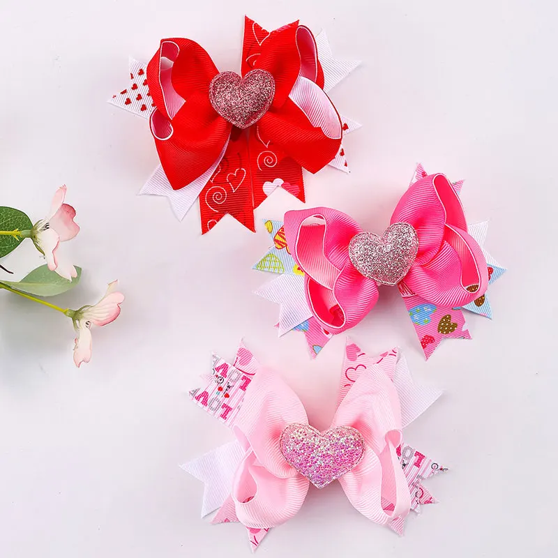 

Sweet Valentine's Day Hair Bows Clips Ribbon Printing Hairpins Girls Handmade Barrettes Headwear Hair Accessories For Girls