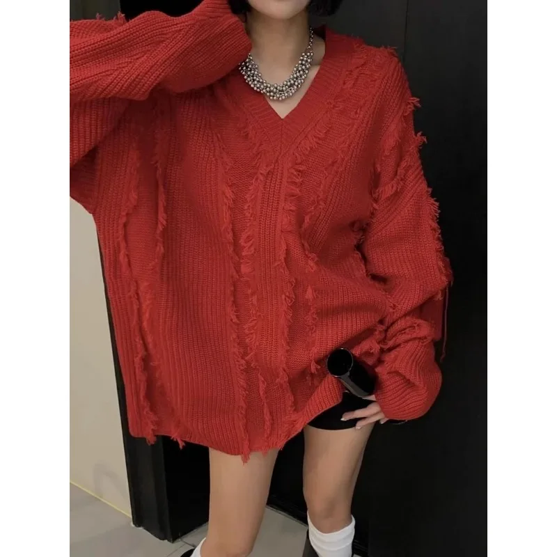 Deeptown V Neck White Women\'s Sweater Oversize Knitwear Long Sleeve Pullovers Spring Jumper Streetwear Korean Popular Fashion