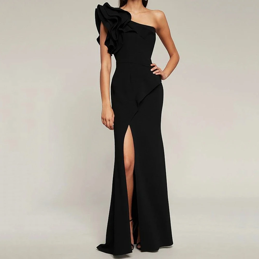 

Customized Mermaid Evening Dresses Floor-length One-shoulder Sleeveless Prom Gown Fashion Tiered Ruched Simple Draped Party Gown