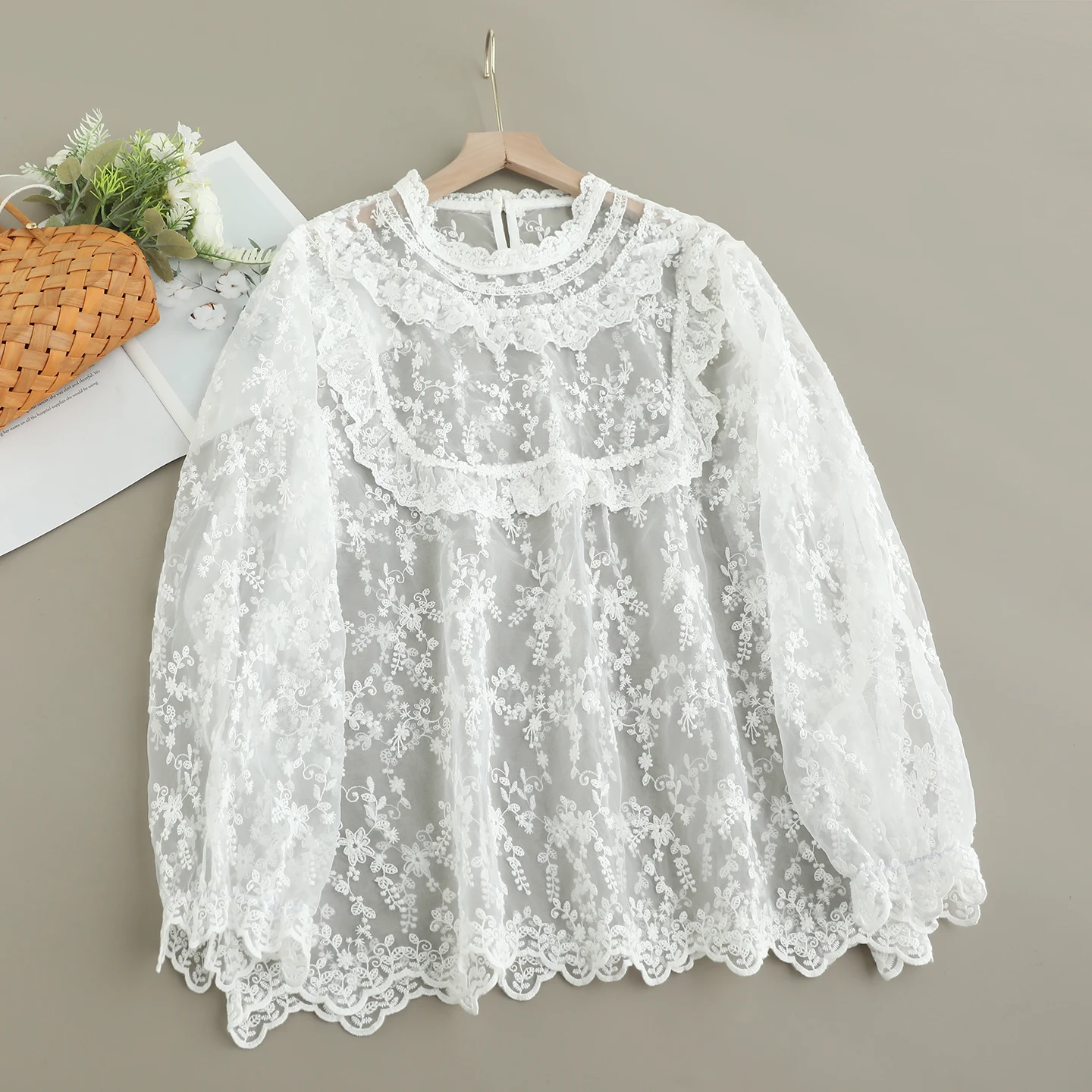 Japanese Sweet Mori Girl Lace Embroidery Organza Shirts Women Autumn Stand Collar Long Sleeve Casual Loose Pullover Blouse Tops