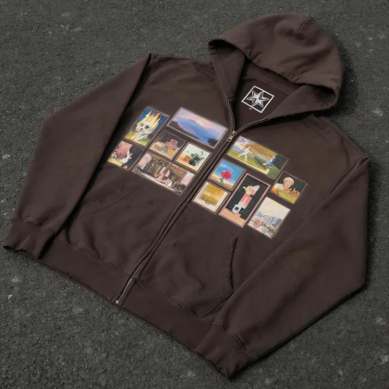 Y2K Retro Brown Washed Hoodie Pixel Paint Print Gallery Zipper Sweatshirt Trendy Distressed Streetwear Unisex Oversize Clothing