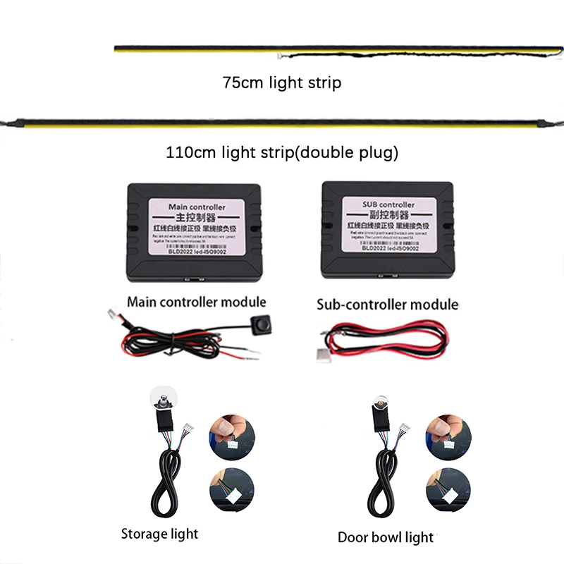 Piezas de luz ambiental, controlador principal, subcontrolador, tira de luz, cable de extensión, lámpara de puerta de almacenamiento, enchufe de 4