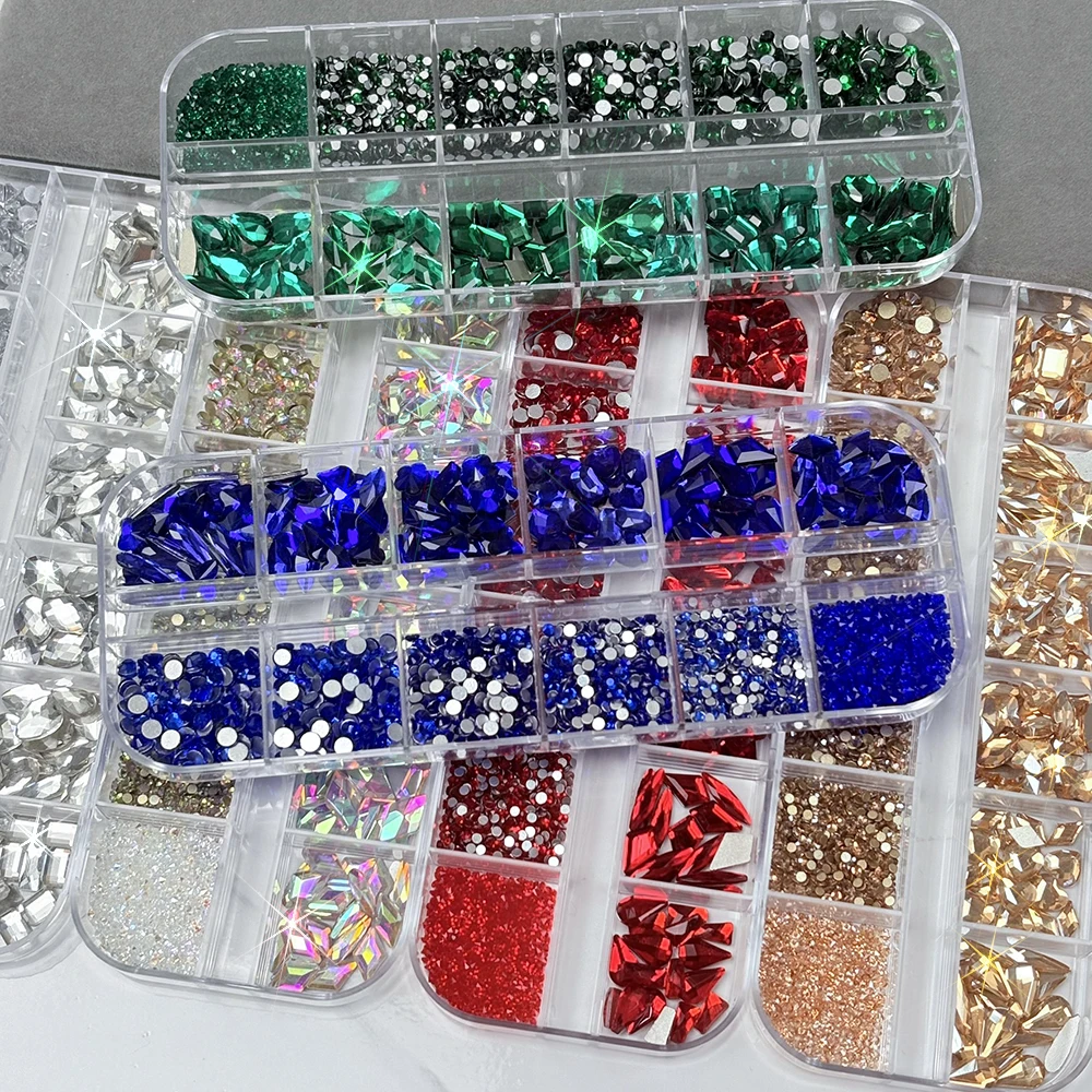12Grids 3D Red Nail Art Rhinestones Mixed Heart Star Butterfly Round Diamond Nails Decoration Sparkling Gemstones Nails Supplies