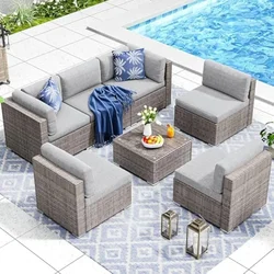 Mobília do pátio ao ar livre Set, sofá secional, PE Rattan, Wicker Conversation Set, sofá exterior com mesa e almofadas, 7 pcs