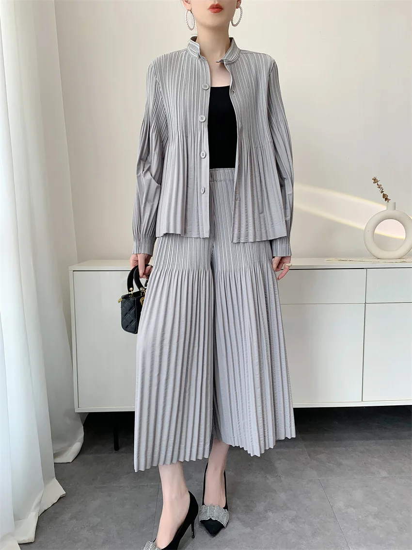 Dusty Blue Miyake Pleated High Neck Buttoned Ruffle Top+Wide Leg Pants Separately Sold Lightweight Women's Casual Vacation Boho