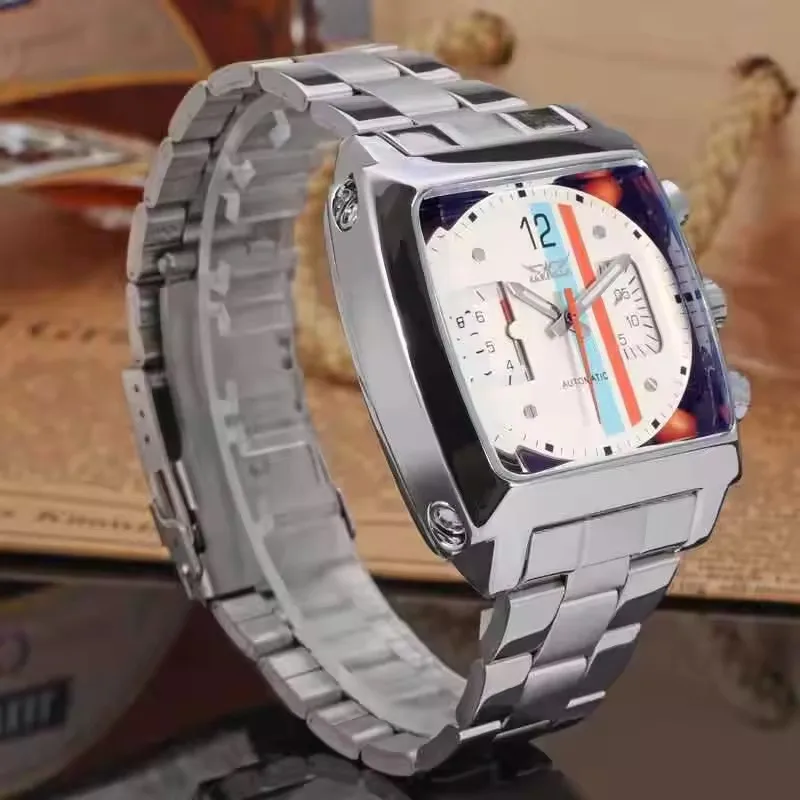 JARAGAR 569 ريترو مربع الهاتفي فريد الرجال التلقائي ساعة ميكانيكية التقويم أسبوع الصلب حزام ساعة رجالية عادية reloj hombre