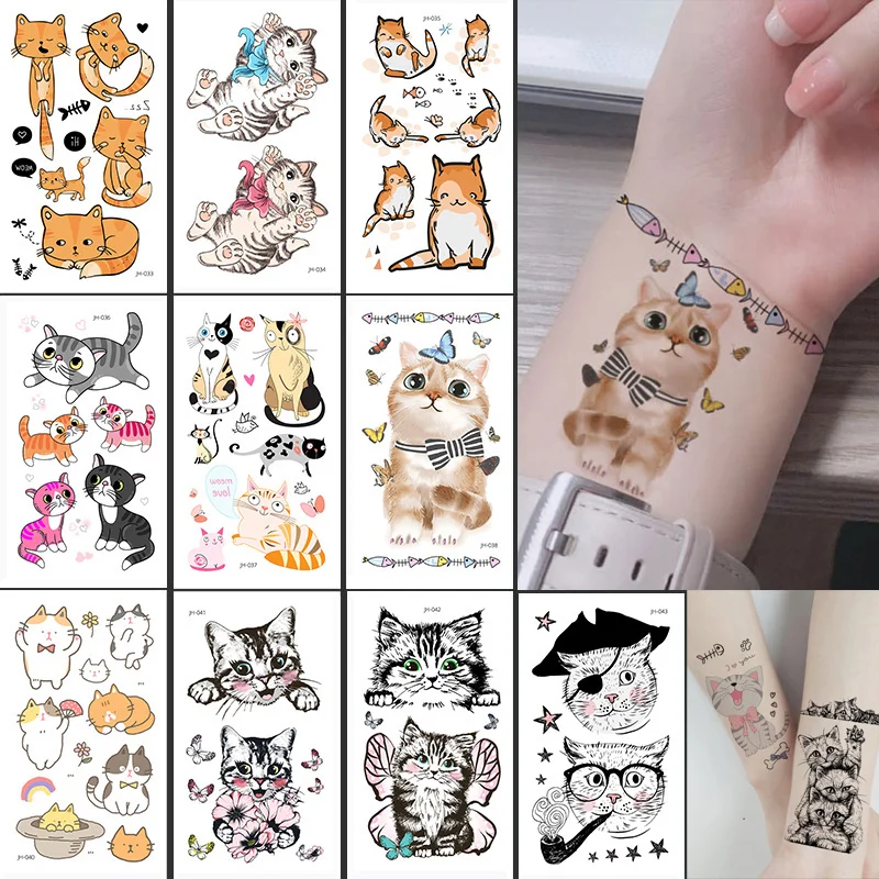 Tatuajes Temporales impermeables para niños, pegatinas de tatuaje de gato pequeño para niños, tatuajes falsos de mano, tatuajes de arte corporal