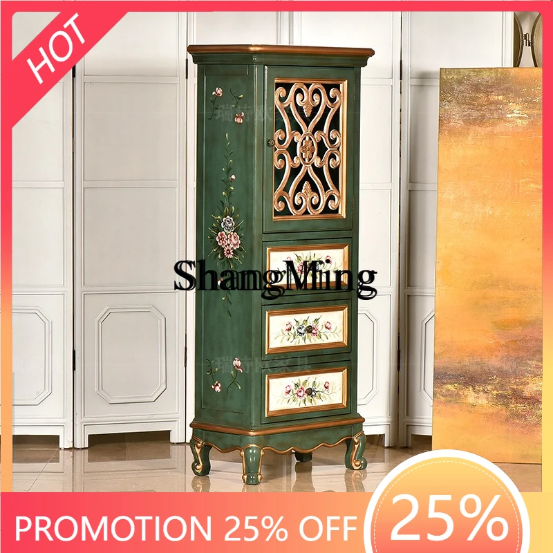 

FG foyer hollow painted storage wine cabinet carved retro living room storage solid wood high-end display wine cabinet